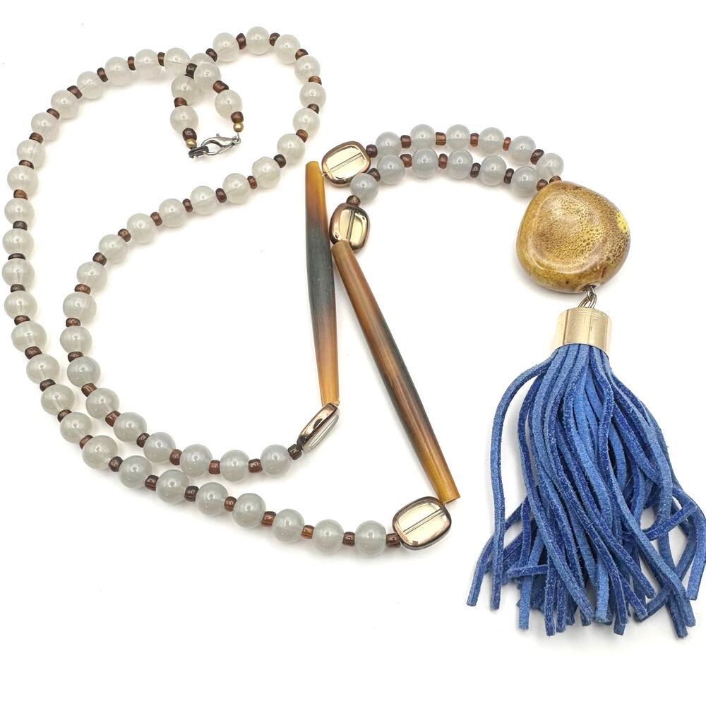 Boho Long Statement Necklace Boho Beaded Jewelry Blue Tassel Pendant